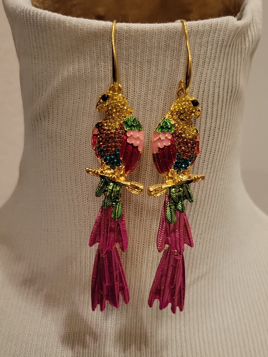 Jewelry - Gold-Tone Multicolor Parrot Drop Earrings - Pink & Green
